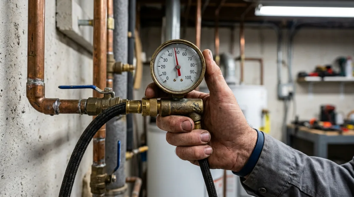 Plumber reading a pressure gauge fitted to a copper water line