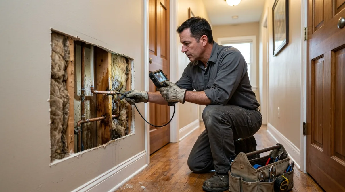 Plumber using an inspection scope at a small opening cut in a hallway wall to trace a leak