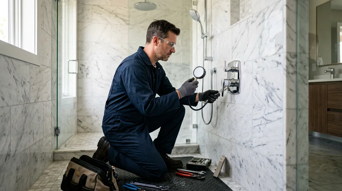Technician measuring water pressure at a shower valve with a gauge