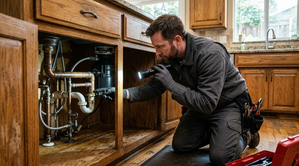 Plumber inspecting under-sink plumbing with a flashlight