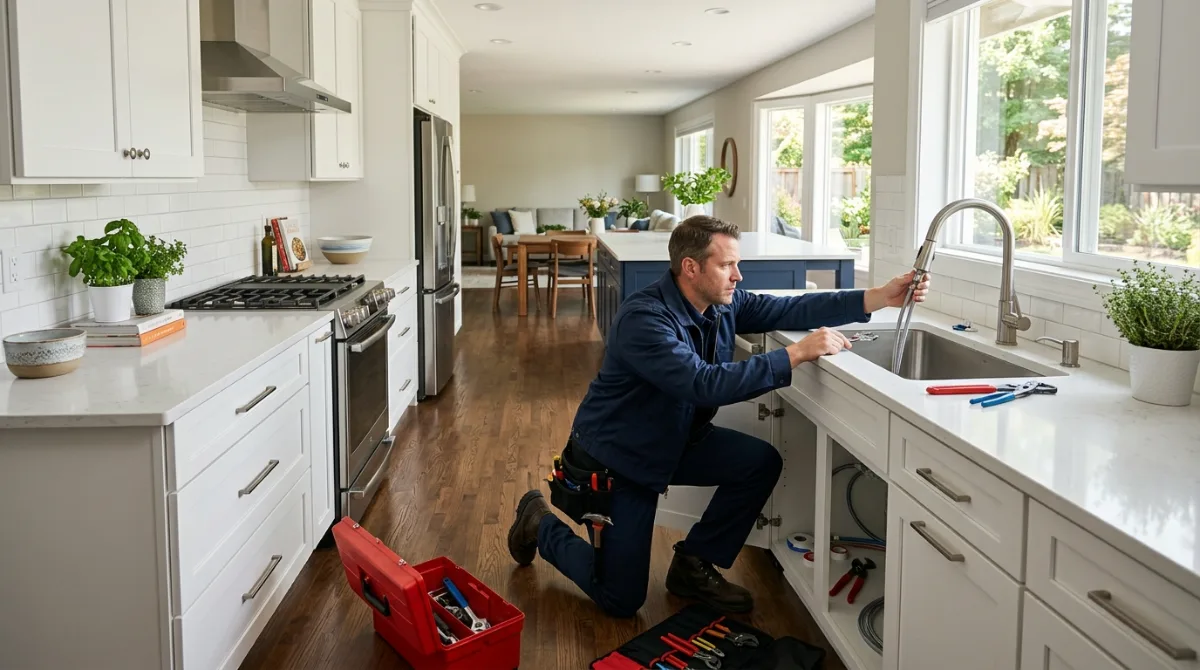 Plumber installing a new pull-down faucet at a kitchen sink