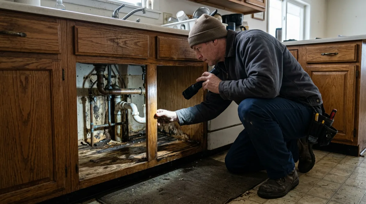 Plumber checking water damage inside a cabinet with a flashlight
