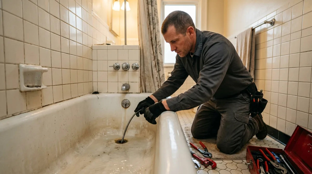 Plumber clearing a bathtub drain in an older tiled bathroom