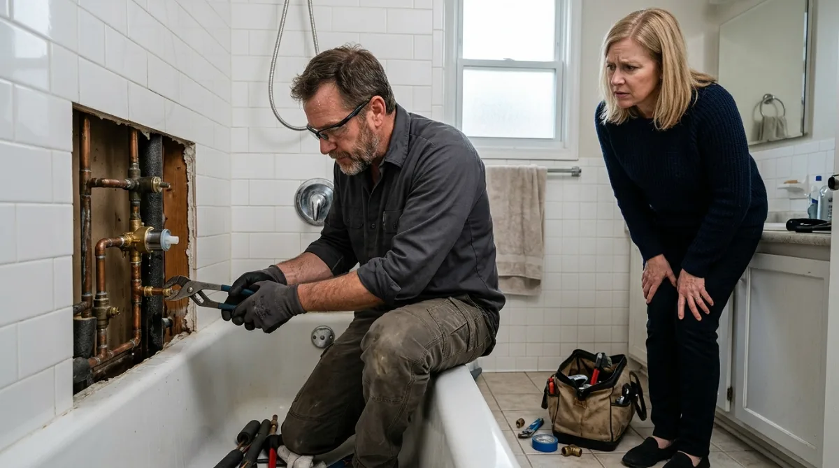Plumber repairing a tub and shower valve through a wall access panel while the homeowner watches