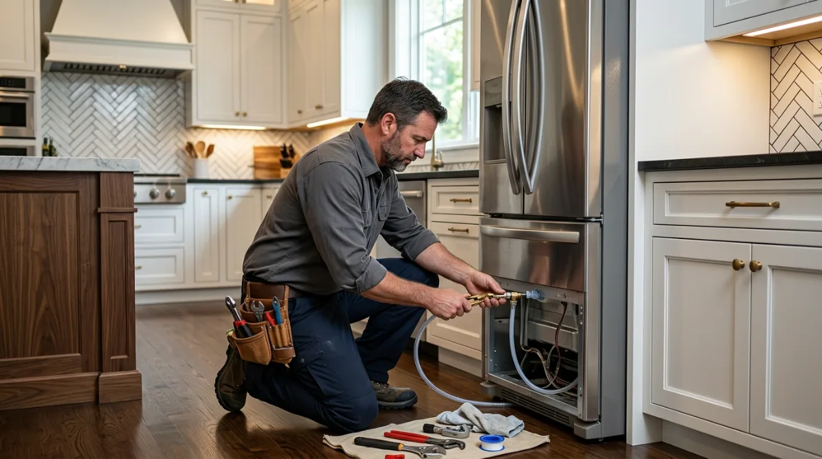 Plumber connecting the water supply line to a refrigerator