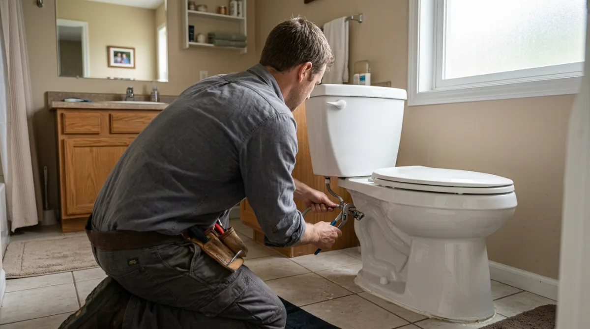 Plumber tightening the supply connection at the base of a leaking toilet