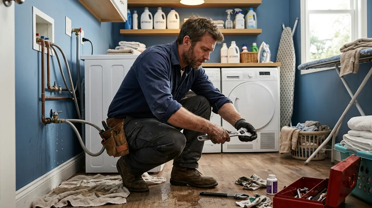 Plumber repairing washing machine hookups in a laundry room