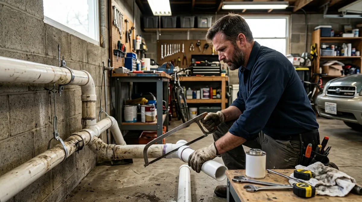 Plumber cutting out a section of PVC drain pipe
