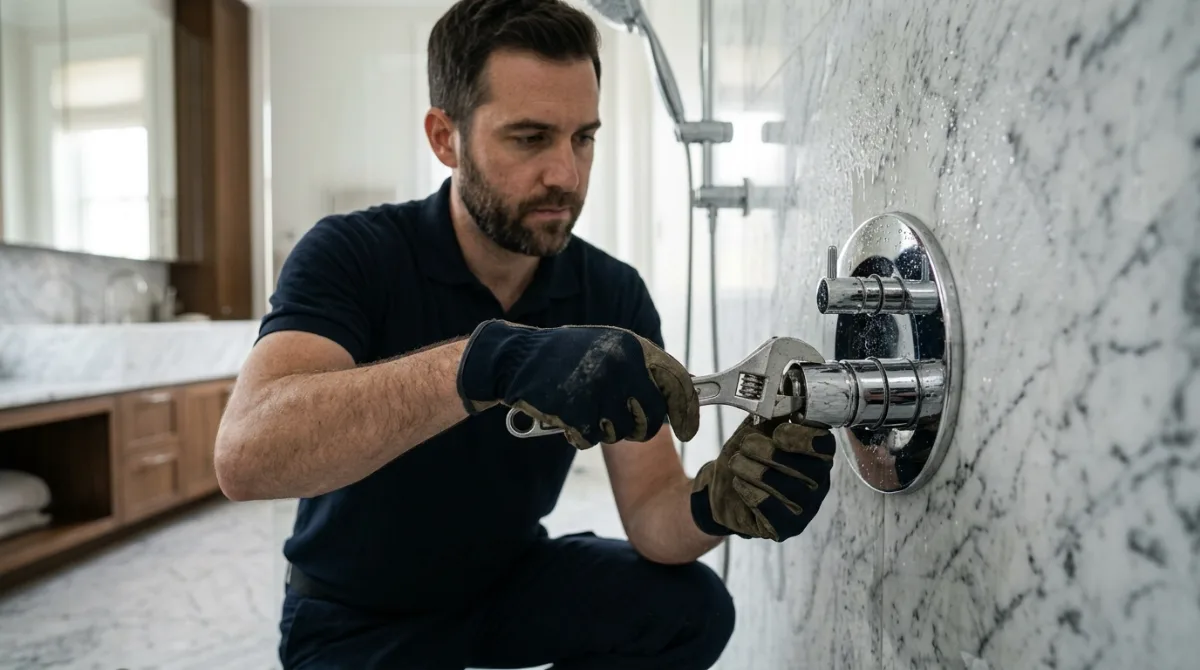 Technician tightening new shower valve trim on a marble wall