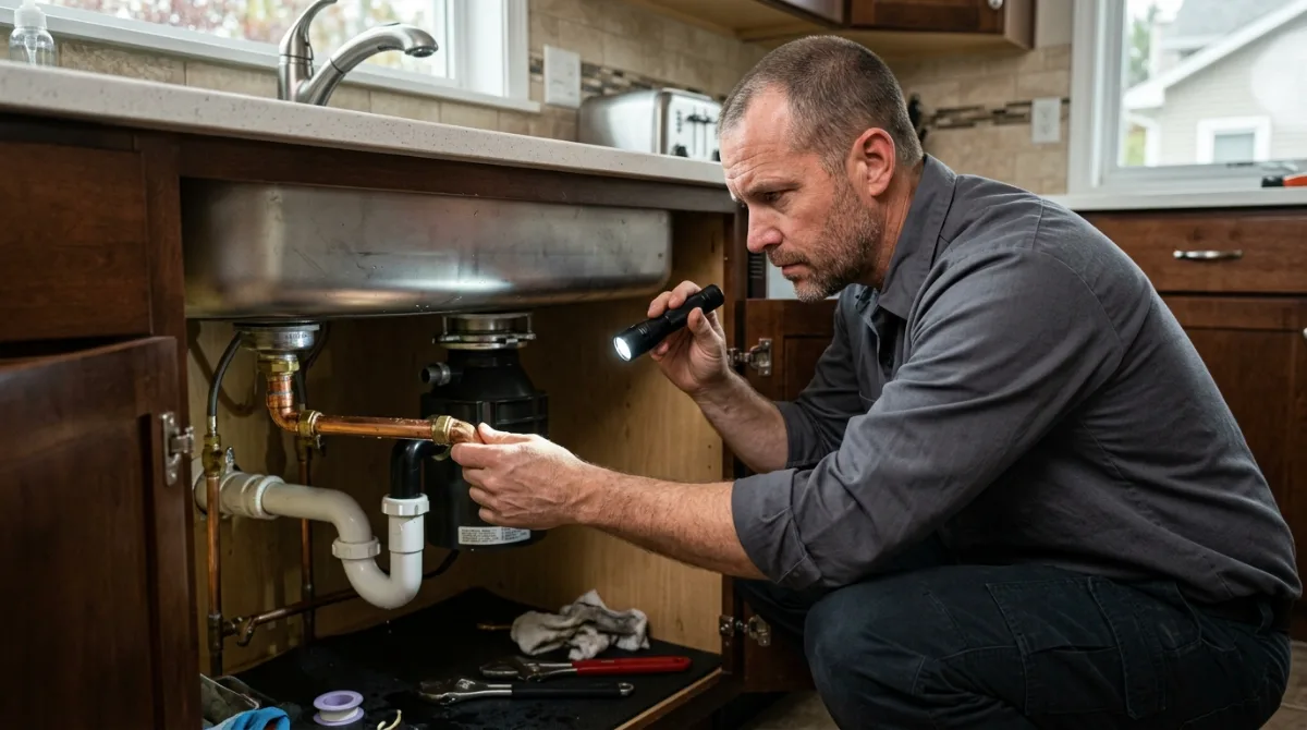 Plumber checking a kitchen sink drain connection with a work light