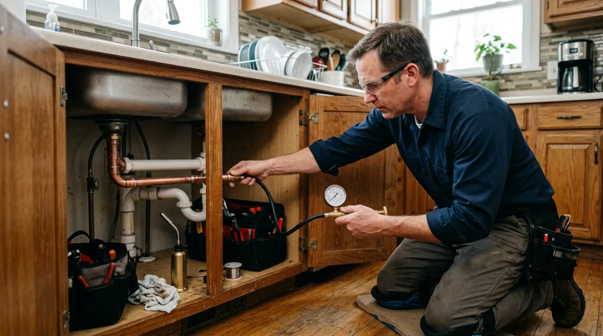 Plumber pressure-testing a copper supply line to trace a hidden leak