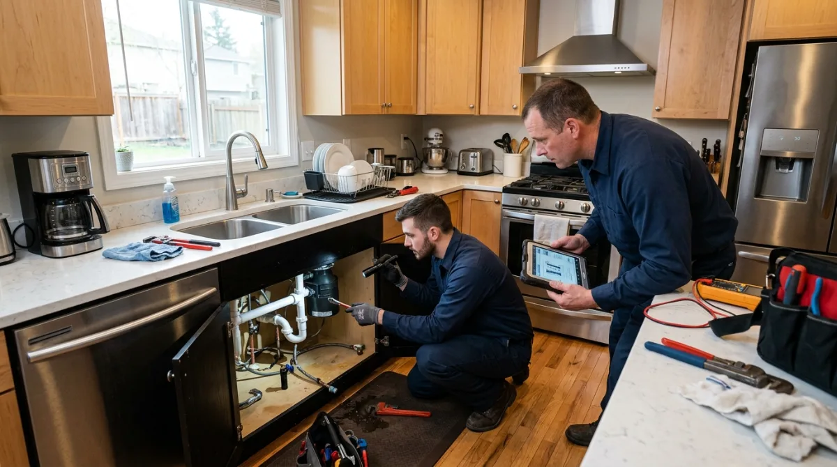 Two plumbers diagnosing drain plumbing under a kitchen sink