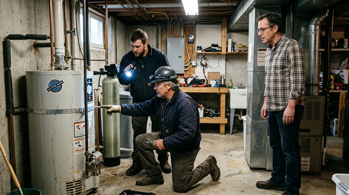 Technicians reviewing water and drain connections in a building utility room