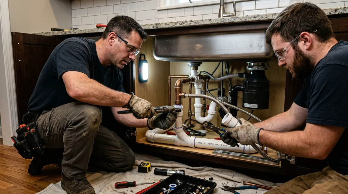 Two plumbers clearing and reassembling the drain piping under a kitchen sink