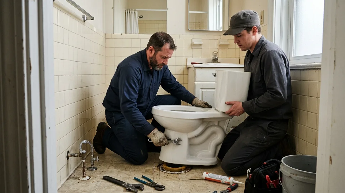 Two plumbers setting a toilet into place in an older tiled bathroom