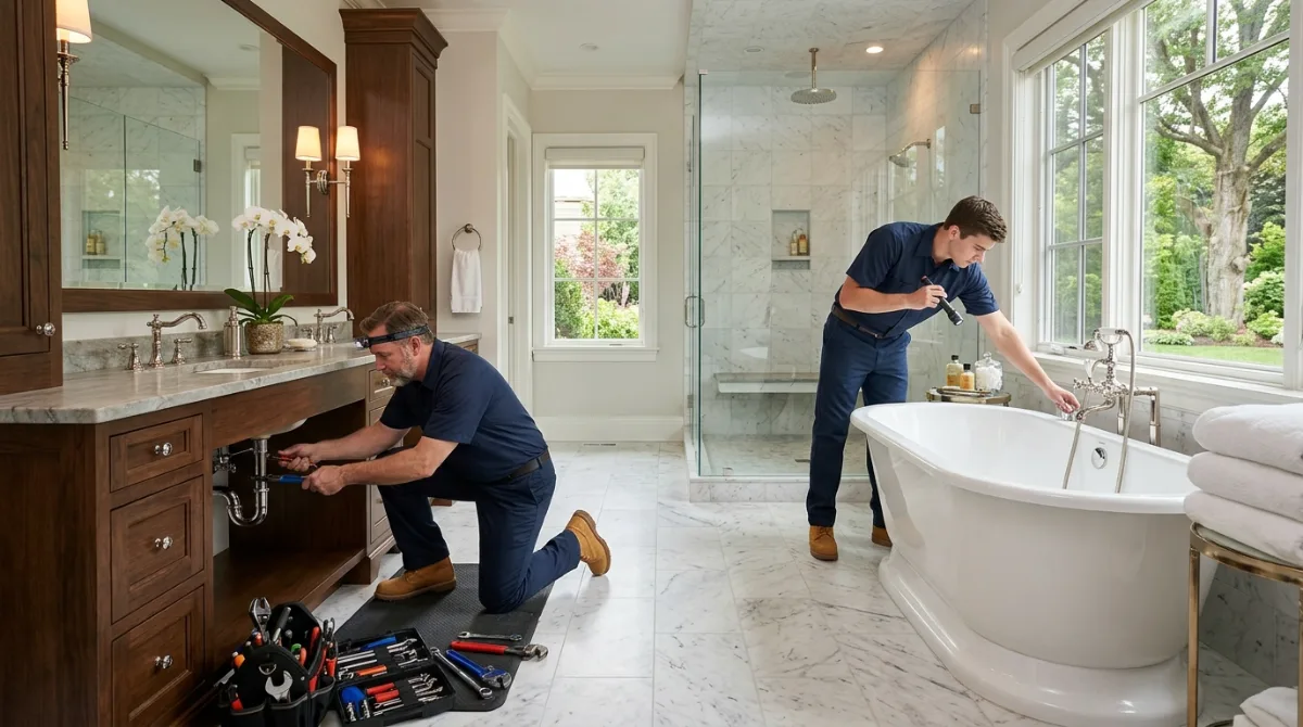 Two plumbers servicing a vanity and a freestanding tub filler in a large bathroom