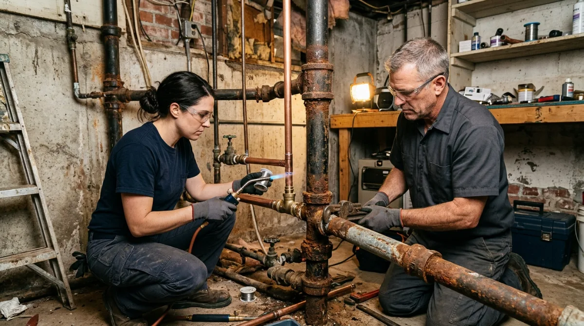 Two plumbers working on heavily corroded cast iron and galvanized drain pipes in a basement
