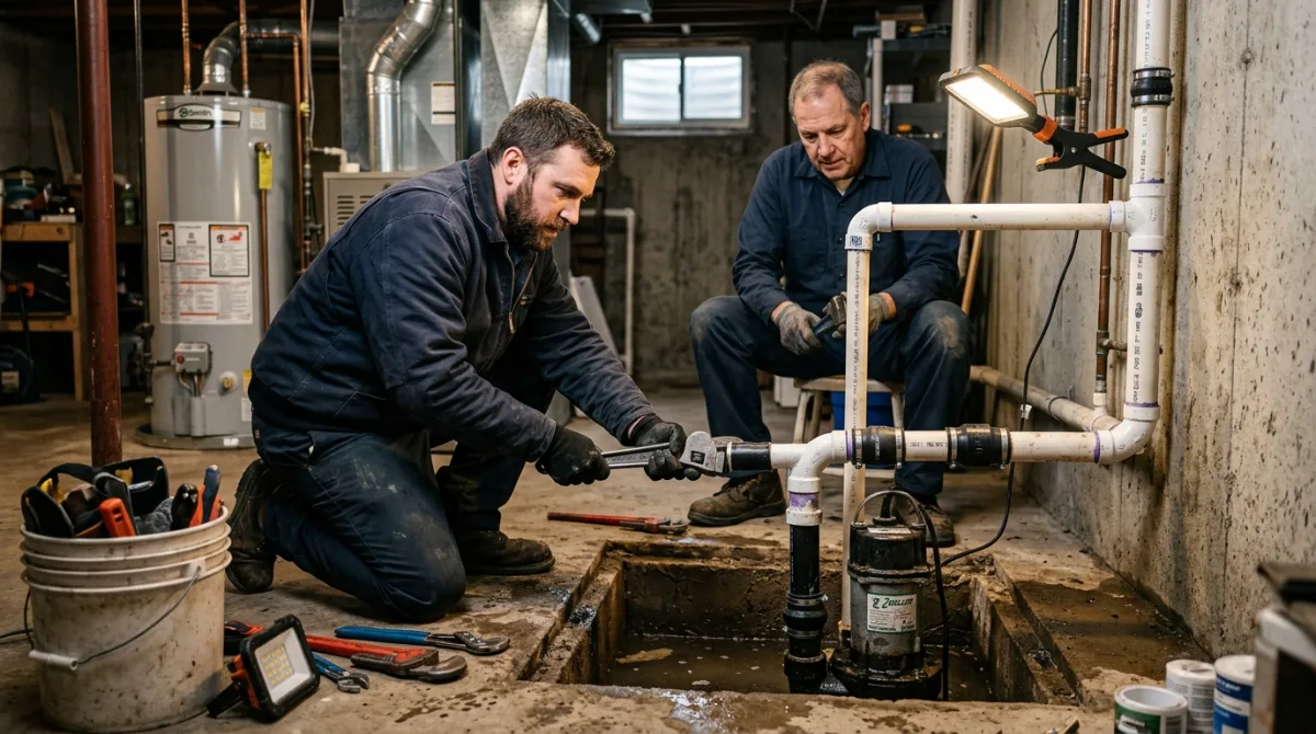 Two plumbers working on below-grade drainage piping at an open pit