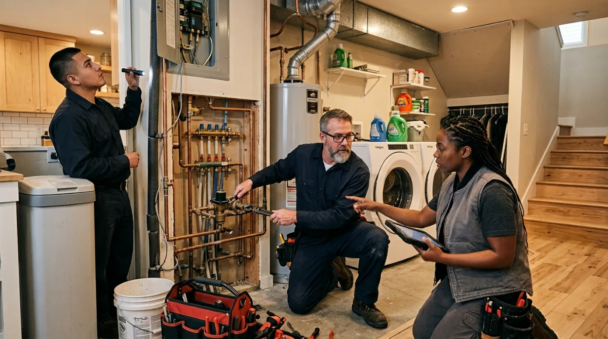 Technicians checking a manifold, water heater and laundry connections in a utility room