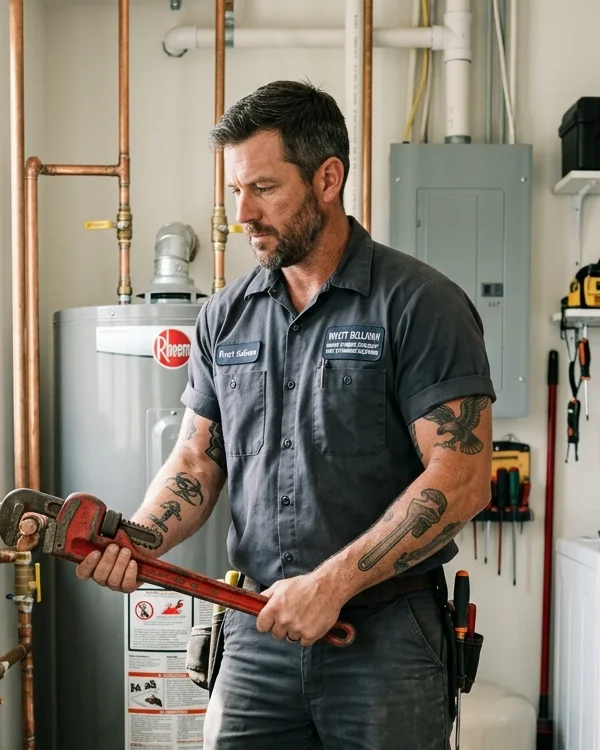 Austin Fletcher holding a pipe wrench beside a tank water heater and copper supply lines