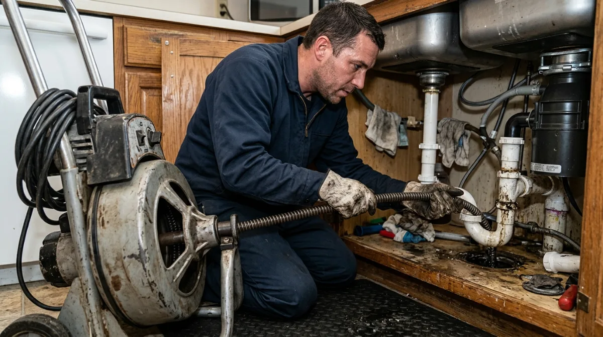 Technician clearing a blocked drain line with a powered drain machine