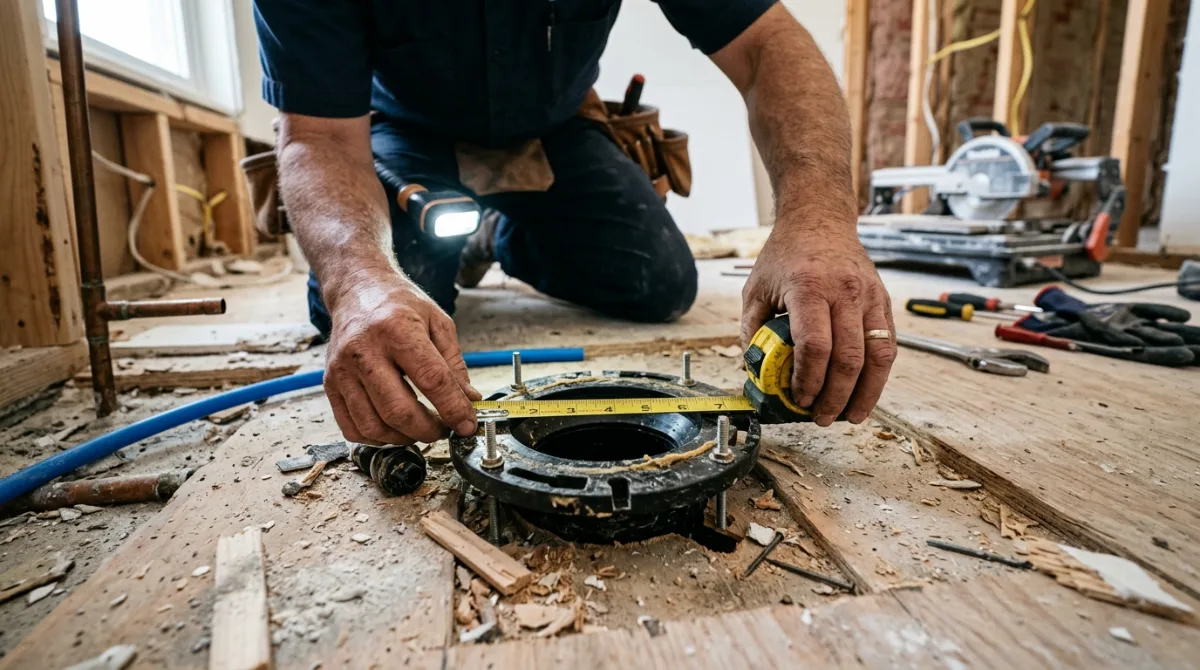 Technician measuring a toilet closet flange on an opened bathroom subfloor