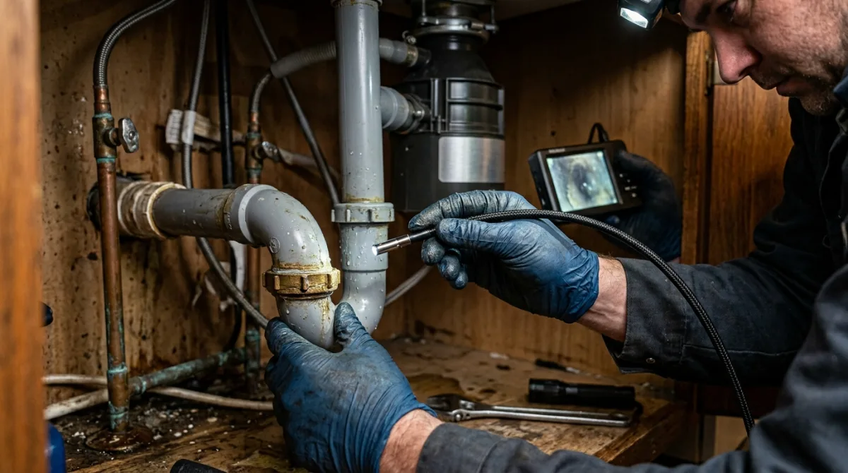 Technician feeding a small inspection camera into a drain line under a sink