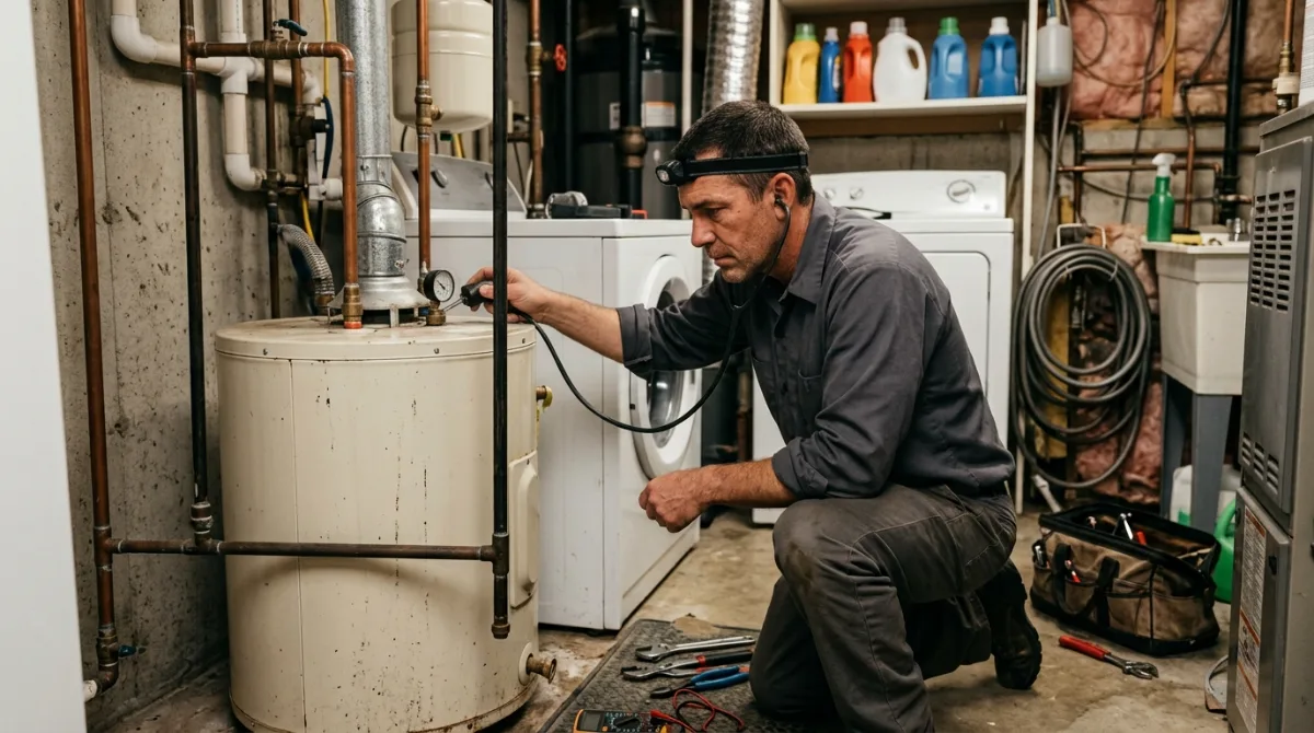 Technician servicing an older gas water heater in a laundry area
