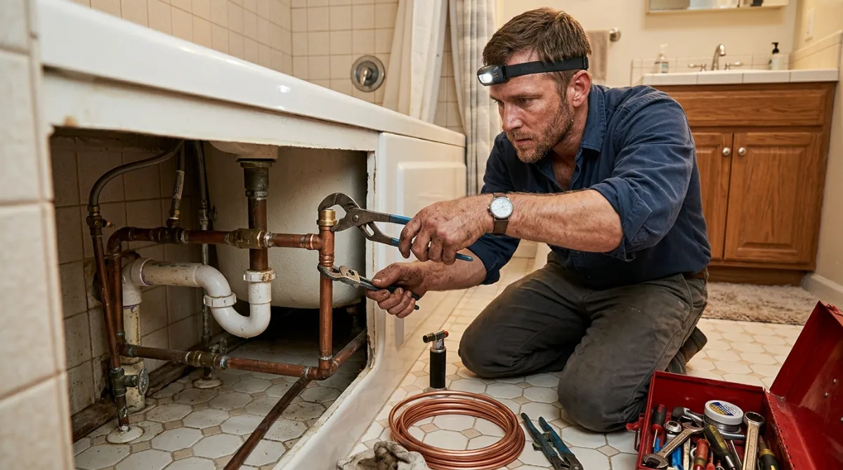 Plumber working on copper and waste piping beneath a bathtub