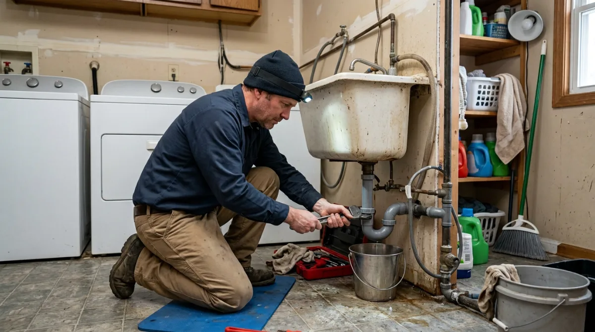 Technician opening the trap under a utility sink to clear a blocked line