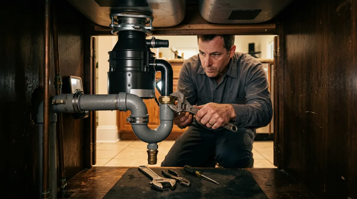 Plumber wrenching the discharge and trap below a garbage disposal unit