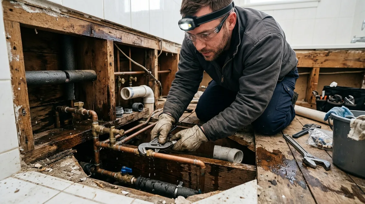 Plumber working by headlamp on damaged pipework in an opened floor cavity