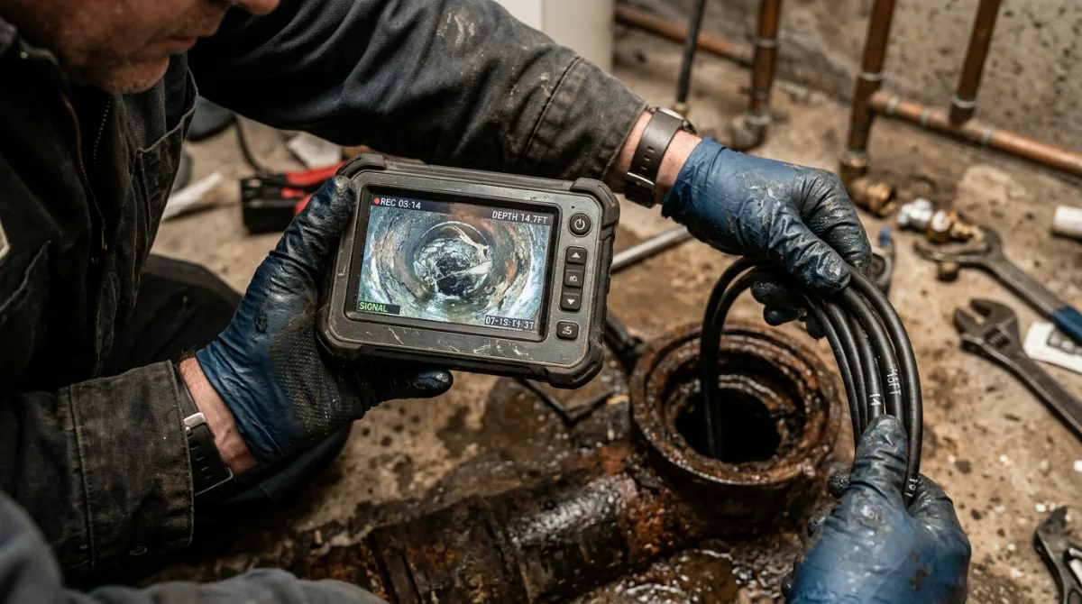 Technician viewing the inside of a drain line on a sewer camera monitor at an open cleanout