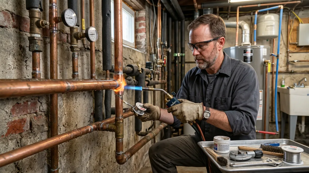 Plumber soldering a copper water line in a home utility space
