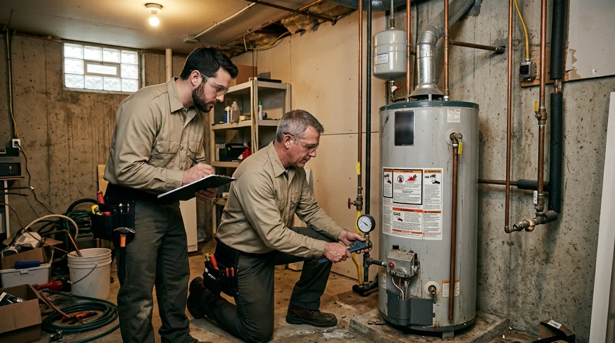 Two technicians checking the gauge and connections on a gas water heater