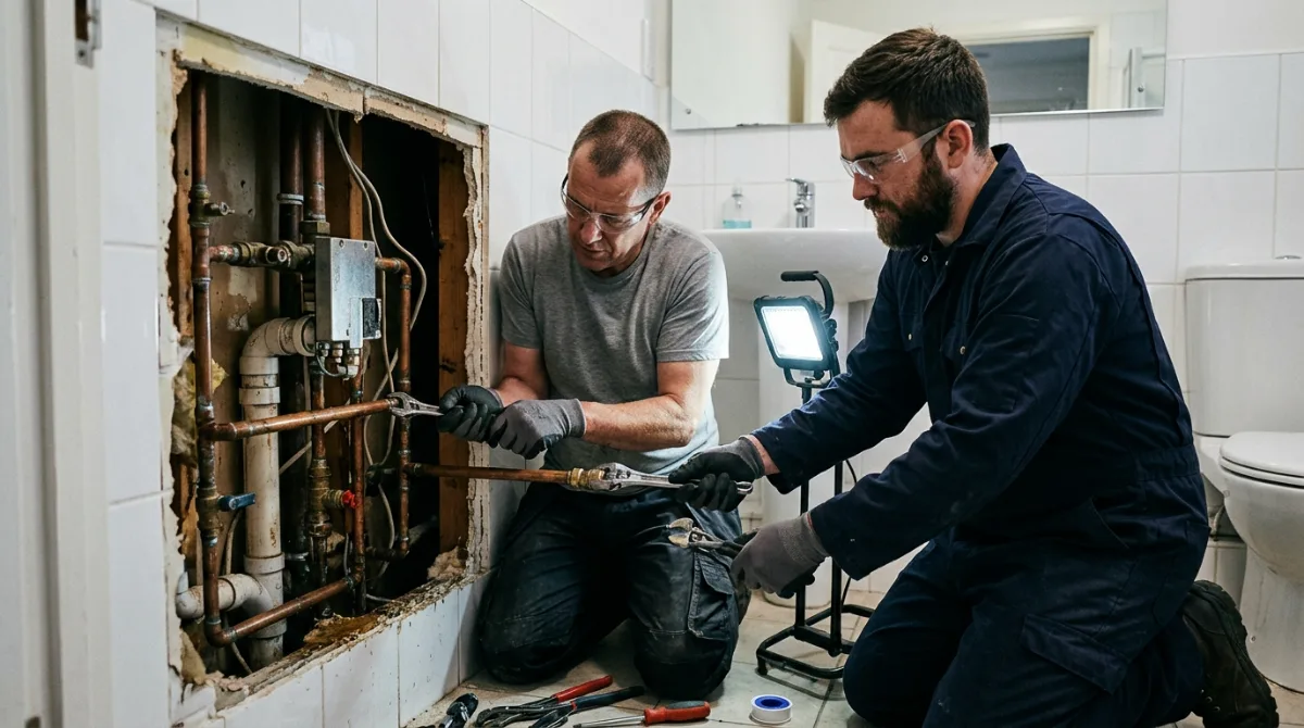 Two plumbers running copper piping inside an opened bathroom wall