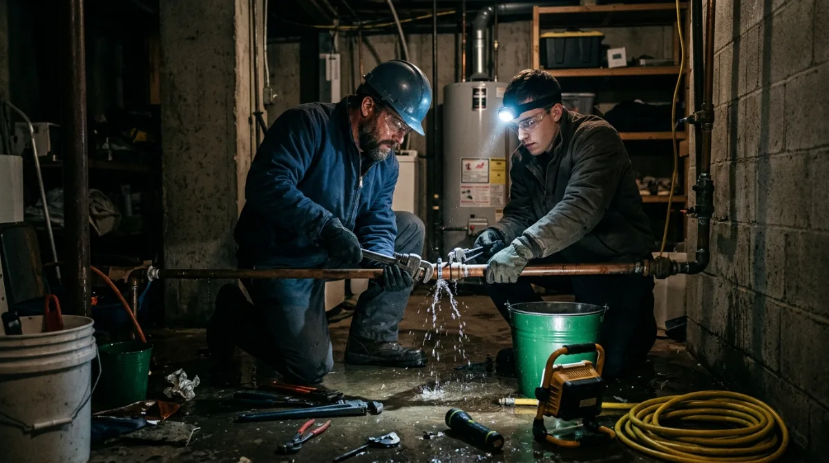 Two plumbers working on a leaking copper pipe with water still spraying